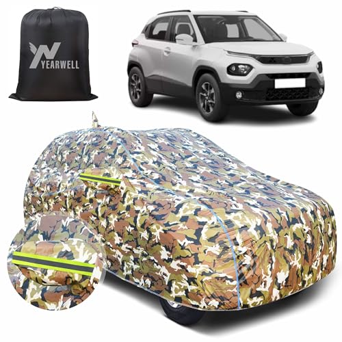 Image of Car Body Cover for Tata Punch, 100% Waterproof with Mirror & Antenna Pockets, Military Print Design, UV & Dust Protection, Triple Stitched, Sky Piping & Reflector (Jungle Print)
