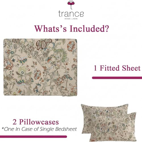 Image of Trance Home Linen 144TC 100% Cotton 84 inchx78 inch Elastic Fitted Bedsheet Super King Bed Size | Printed Fitted Sheet | Elasticated Fitted Bedspread with 2 Pillow Covers (84x78 inch, Malhaar Beige)