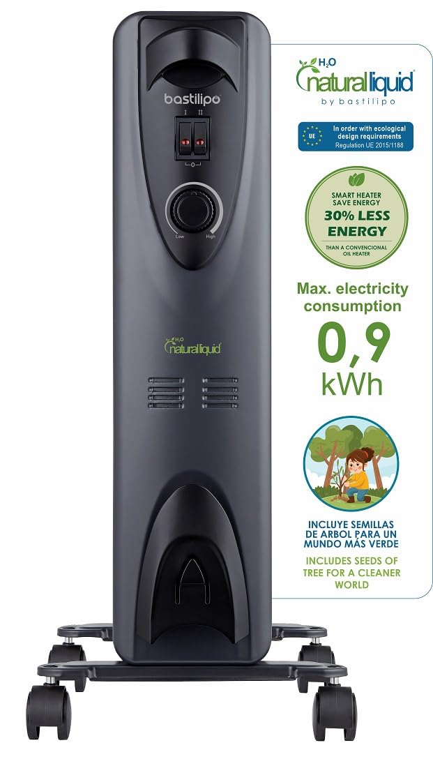 BASTILIPO - RC-ECOFLUID-11 - Compact ecological radiator with natural liquid H2O, extra low consumption, 2000W, 0.9kw/h, 11 elements, c/thermostat, black.
