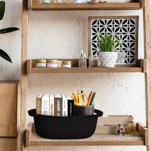 Image of Small Woven Gift Basket, Baskets for Gifts Empty, Cotton Rope Cat Dog Toy Bin Box, Nursery Baby Organizer, Wicker Easter Basket with Handle, Shelf Storage Bin for Decor, Black, 12 inchx 8 inchx 5 inch
