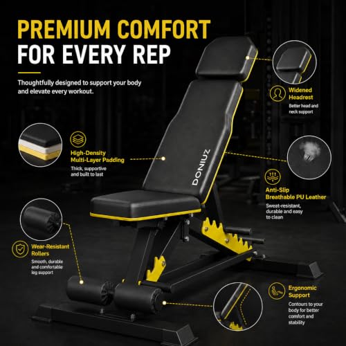 Image of DONIUZ Adjustable Weight Bench for Home Gym, 1200LB Heavy Duty Commercial Workout Bench, Multi-Position Incline Decline Flat FID Bench Press with Headrest & Leg Rollers for Full Body Strength Training