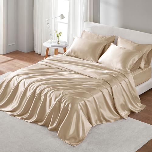 Image of Madison Park Essentials Satin Sheets Cal King Bed Set, 6 Pcs, Champagne | Luxury and Smooth Silky Bedding with Natural Sheen, All Around Elastic 14 inch Pocket fits up to 16 inch Mattress, Year-Round Cozy