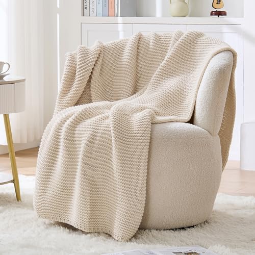 Beige Throw Blanket, Garter Knit, 60" x 80", ...