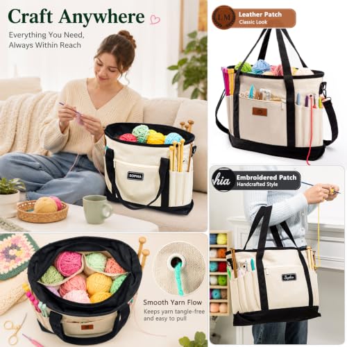 Image of Personalized Crochet Bag with Custom Leather Patch or Embroidered Name, Canvas Knitting Tote for Yarn Storage, Crochet Organizer with Multiple Pockets, Custom Gift for Crocheters & Knitters