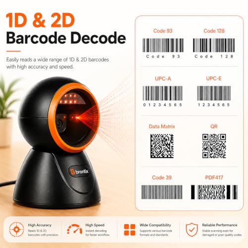 Image of BRONTIX Desktop Barcode Scanner, 2D QR Code | Billing POS System, Hands Free Auto Sensing USB Barcode Reader, Fast Omni Directional Scanning, Retail Store, Warehouse