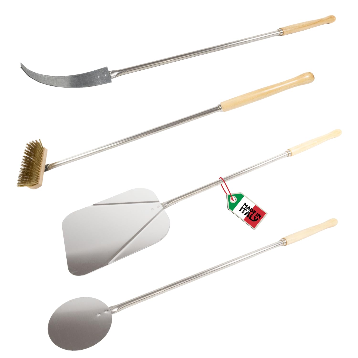 MOHOME Kit Pale per Pizza Forno a Legna Elettrico Set 4 Pale Alluminio Made in Italy Rotonda Rettangolare Spazzola Spargibrace Manico in Legno Faggio Accessori Forno Casa Ristorante
