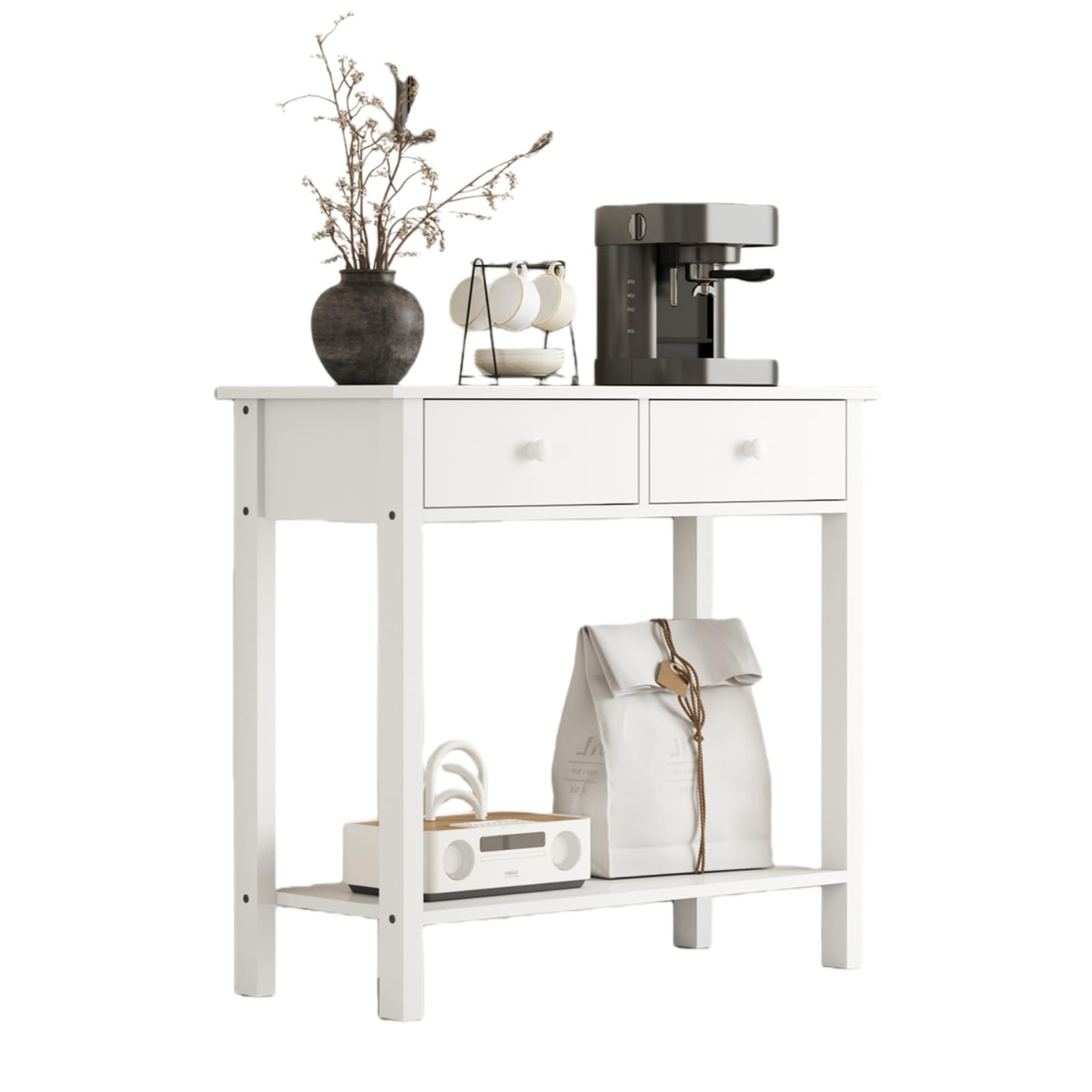 Pantanal 80CM White Console Table with 2 Drawers and Storage Shelf for Hallway Entryway Corner Bedroom Living Room