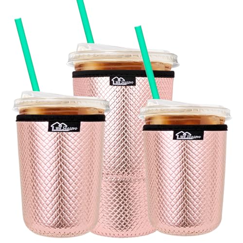 Image of WKIEASON Reusable Iced Coffee Sleeves 16-32OZ PU Leather Neoprene Coffee Cup Sleeves Insulator Cover for Cold Drinks Beverages, Starbucks, McDonalds, Dunkin Donuts and More(Pink Set)