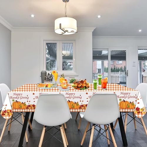 2 Pack Happy Thanksgiving Tablecloth, Fall Pumpkin Maple Leaves Plastic Table Cloth Autumn Disposable Rectangle Plaid Table Cover for Thanksgiving Day Tables Decor Party Decorations, 54x108 Inch - image 4