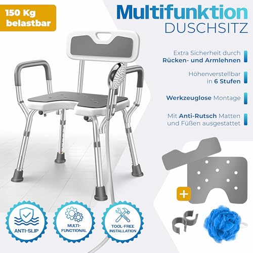 KESSER® Taburete de ducha con respaldo, Asiento Bañera Ortopedia para Personas Mayores y Embarazadas, Taburete de Baño soporta 150 kg, 6 Niveles, Altura Regulable 38-54 cm, Pies Antideslizantes - imagen 2