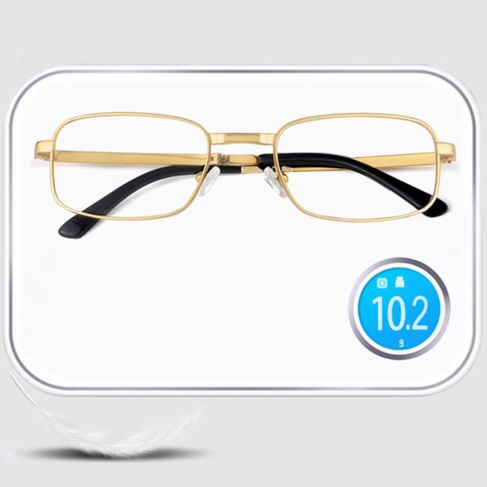 Faltbare Lesebrille Progressiver Multifokus Lesebrille Mini Tragbare Lesehilfe Titan Rahmen Computerbrille Mode (Golden,+2.0)(+1.5)