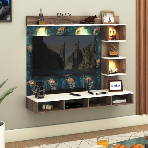Image of Anikaa Kirina Engineered Wood Wall-Mount TV Unit with Printed PVC Back Panel & LED Lights | TV Cabinet with Storage Box & Decorative Shelves (Coachwood /White) for TVs up to 40 Inch | DIY Installation