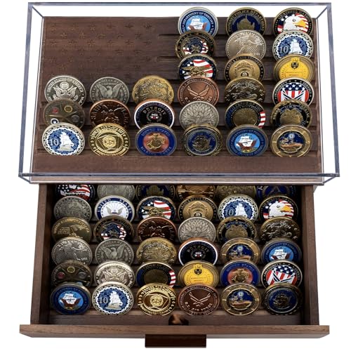 Military Challenge Coins Display Holder with American Flag, Solid Wood Challenge Coin Stand with Added Drawer, Challenge Coin Display Case for Collectors, 6 Row Military Coin Holder Rack for Desk