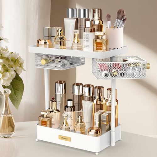 Unaone Makeup Organizer Countertop - 2 Tier Skincare Organizer with 2 Rotating Drawers, Versatile Cosmetic Display Cases Perfume Organizer for Vanity Bathroom Countertop, Ideal Gifts for Women (White)