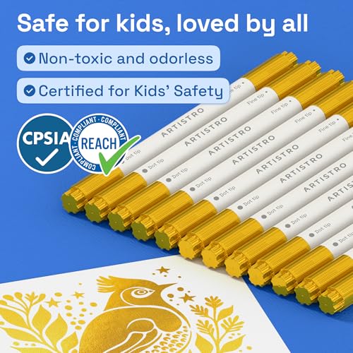 Image of ARTISTRO 12 Gold Acrylic Paint Markers for Rock, Fabric, Wood, Glass, Eggs - Dual-Tip Paint Pens for Coloring Books for Adults, Teens, Kids - Art & Craft Supplies - Gift Idea - Easter Basket Stuffers