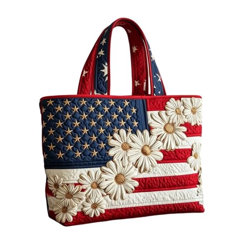 Patriotic Purses for Women Floral American Flag Print Quilted Tote Patchwork 250 Anniversary USA 4th of July Patriotic Shoulder Bag Women Daily Handbag Multicolour 06 L