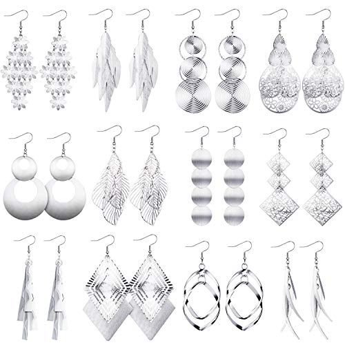 Hicarer 12 Pairs Dangling Earrings for Women Fashion Vintage Bohemian Earrings Statement Drop Boho Long Fringed Jewelry(Silver)