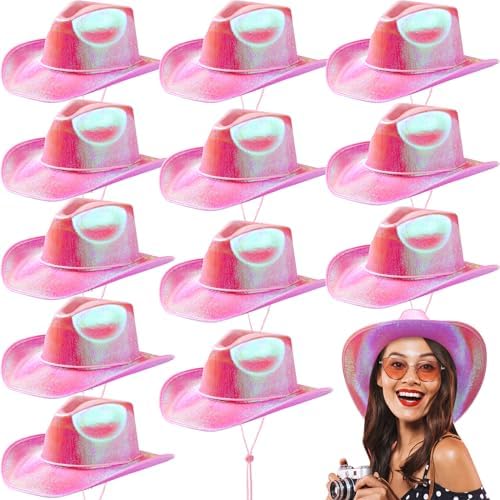 Coume 12 Pcs Neon Cowboy Hat Sparkly Glitter Cowgirl Hat for Wome...