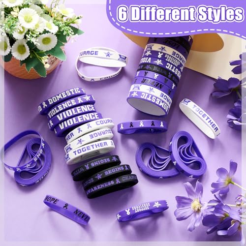 Image of Landical 120 Pcs Domestic Violence Awareness Bracelets Bulk End Domestic Violence Silicone Wristbands Purple Ribbon Awareness Bracelets