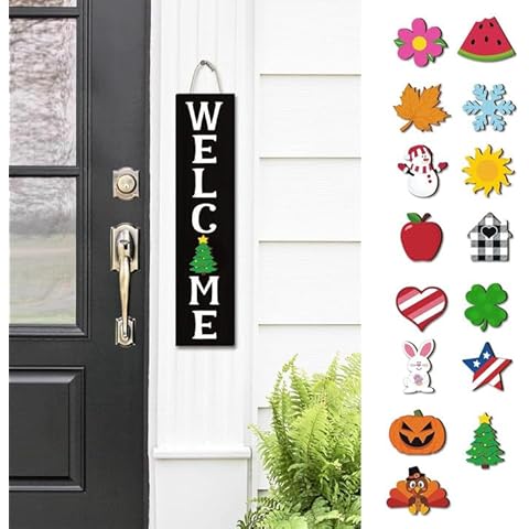Interchangeable Holiday Mini Welcome Door Sign Wooden Indoor Outdoor Hanger with 15 Pcs Seasonal Replaceable Ornaments Rustic Farmhouse Porch Sign Home Decoration Ideas Black Cover