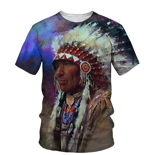 famesale Men's Summer T-Shirt Indian Chief Multicolor Round Neck Tee Shirt American Native Tribal Spirit 3D Printed T-Shirts Tops