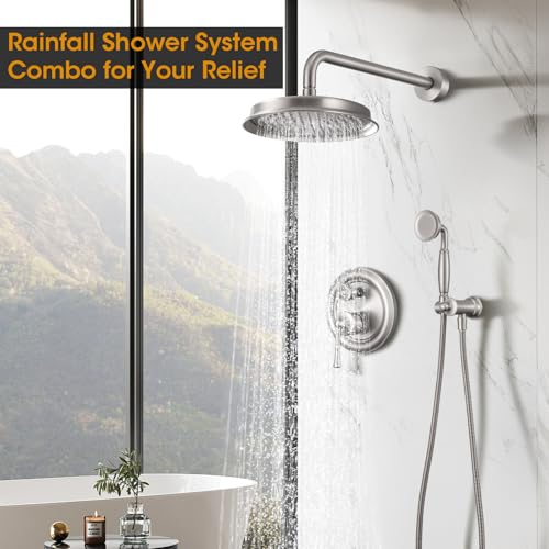 Image of Antique Shower Head with Handheld Spray Combo, Brushed Nickel Rain Shower System with Rough-in Balance Pressure Valve, 9 inch Bathroom Luxury Rain Fall Shower Head Wall Mount Round, (B2312-BN)