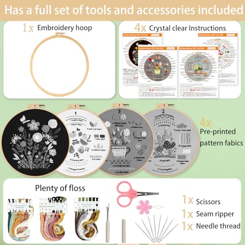 Image of Ohcol Embroidery Kit for Beginners, 4 Floral Patterns, Learn 33 Stitches, Pre-Printed Fabric, Hoop, Colored Threads and Needles, Easy Video Guide, DIY Hand Sewing Gift for Adults and Teens
