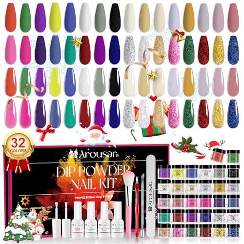 Arousar Dip Powder Nail Set Starter, 32 Colors Dipping Powder System Liquid Set, Nail Tools for French Nail Art Manicure Salon DIY at Home, Color 16