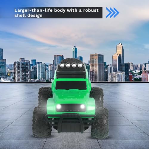 Image of Popsugar Off Roader Rechargeable Remote Control Monster Truck with 4 Headlight Modes | Lithium Battery | C-Type Charging | Remote Control Car for Kids | Made in India, Green with Black