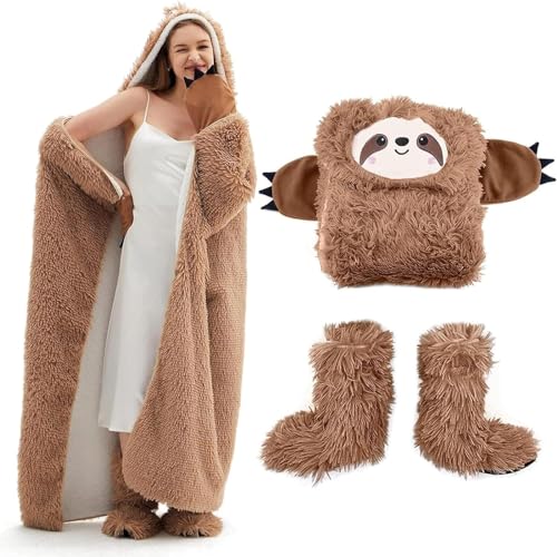 Faultier Decke mit Ärmeln und Hüttenschuhe - Geschenke für Frauen Kuscheldecke mit ärmeln Faultier Geschenke für Frauen Beste Freundin Schwester Ehefrau und Mutter zum Geburtstag Weihnachten