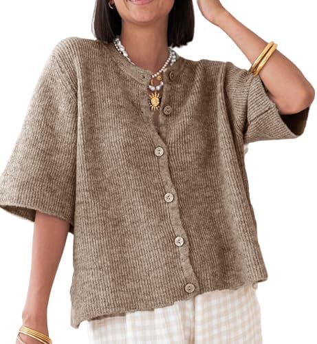 KMBANGI Women Knitted Cropped Blouse Short Sleeve Button Down Knit Shirt Crop Cardigan Y2k Open Front Pullover Tops(Dressy Dark Khaki,S)