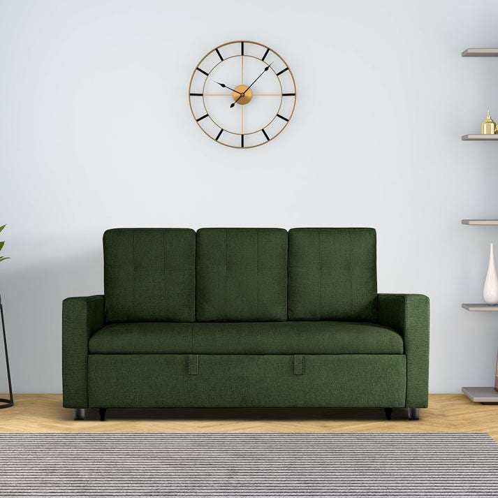 Image of Duroflex Ease - Wood 3 Seater Sofa Cum Bed with Pullout Mechanism, Sap Green Finish, 3-Person Sofa