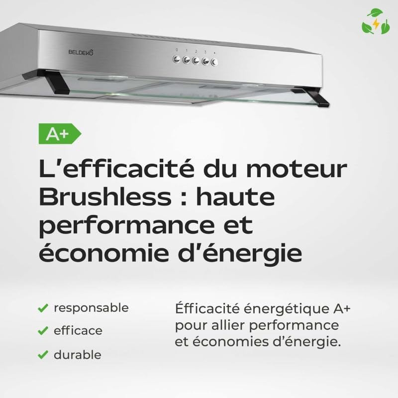 Cappa cappa da 60 cm, in acciaio inox – Performance A+ design extra-piatto BelDeko Eco