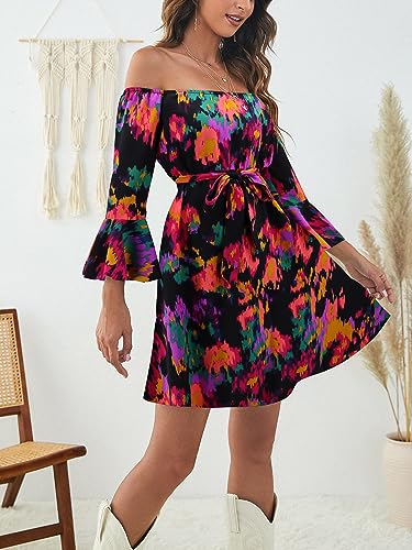 Image of Off Shoulder Ruffle Dress for Women, A-Line Mini Dress with Belt, Fitted Bust Summer Wedding Guest Dress
