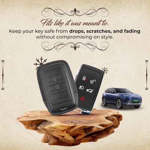 Image of Keyzone Vintage Leather Key Cover for Range Rover: Sport, Evoque, Velar, Discovery, Defender (2018, 2019, 2020, 2021) 5 Button Smart Key (VL-Black)