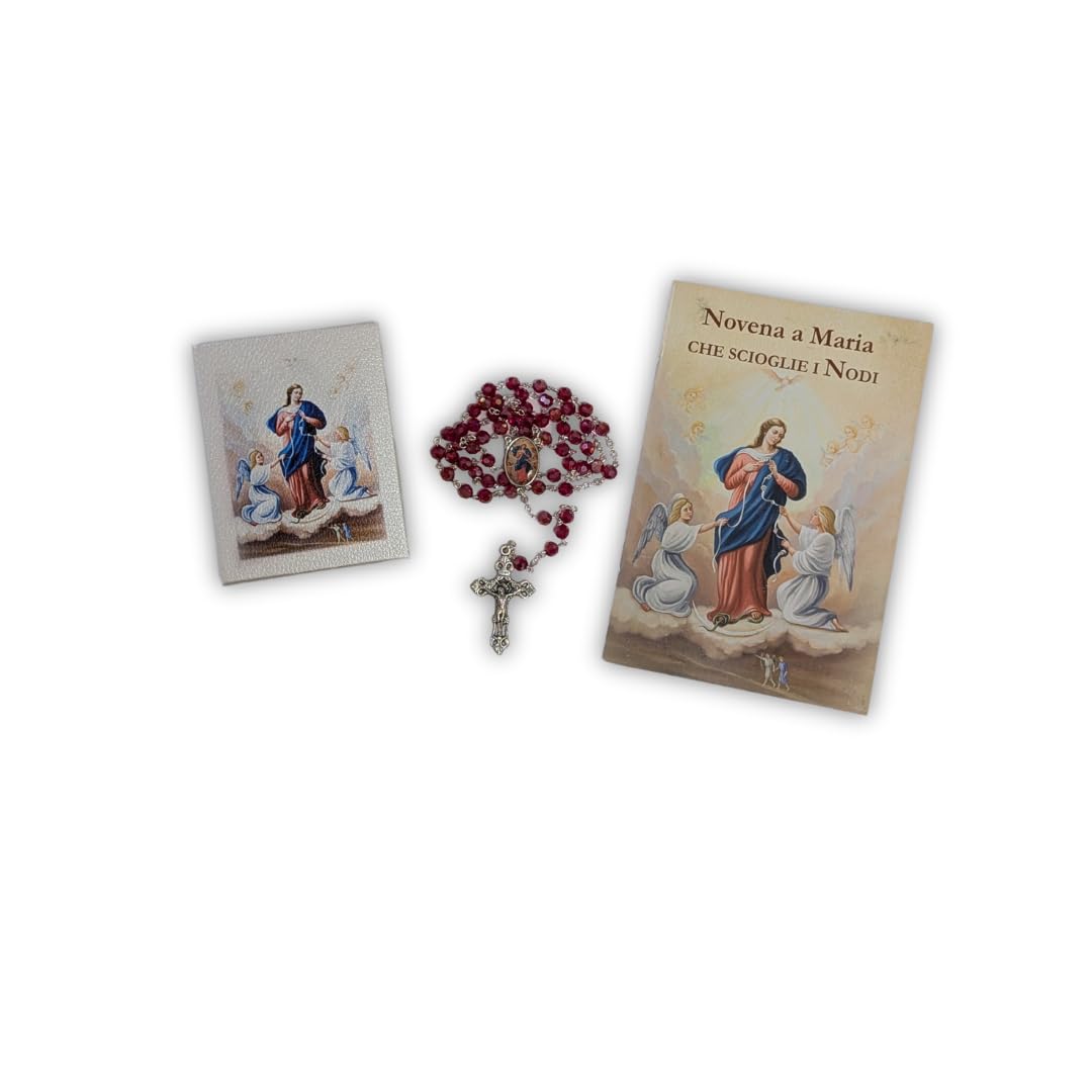 Rosario Madonna che Scioglie i Nodi, Con Libretto Novena e Preghiera e Porta Rosario, Semi Cristallo Rosso, Set Corona Maria che scioglie i Nodi.