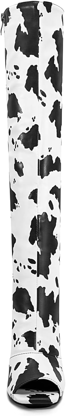 2025 Cow print Silver glitter knee high boots for women High heeled Peep toe side zipper big size Chunky heel boots
