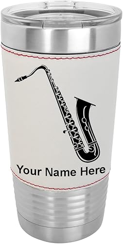 Miniatura 9 de LaserGram Vaso aislado al vacío de 20 onzas, saxofón, grabado personalizado incluido (cuero sintético, rústico)