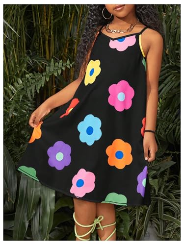 OYOANGLE Girl's Cute Color Block Flower Print Cami Dress Swing Flowy Short Sundress3