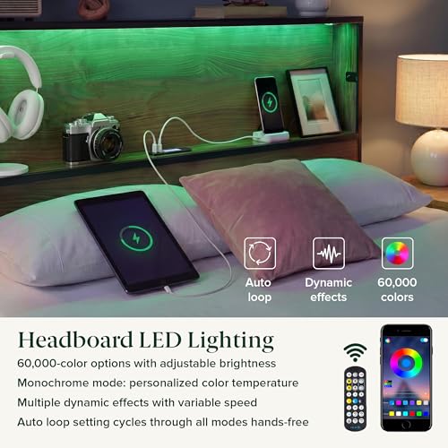 Image of Zinus Kai Platform Bed Frame, RGB LED Lights, No Box Spring Needed, Twin | Two-Tier Headboard for Space-Saving Storage, Built-in USB Charging Station, Soft Ambient Night Light