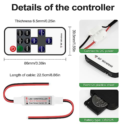 VIPMOON Monocromatico controllore striscia a LED,2 Pack Telecomando RF wireless a 11 tasti con connettore CC per luci di striscia singolo colore LED 3528 5050 [Classe di efficienza energetica A++]