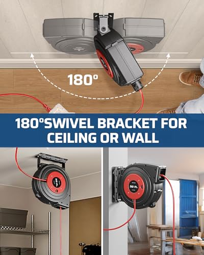 Image of DEWENWILS 6 Grounded Outlets Retractable Extension Cord Reel, 50FT Heavy Duty Power Cord, Llluminatedn /off Switch, Wall /Ceiling Mounted for Garage, Workshop, ETL Listed, Red