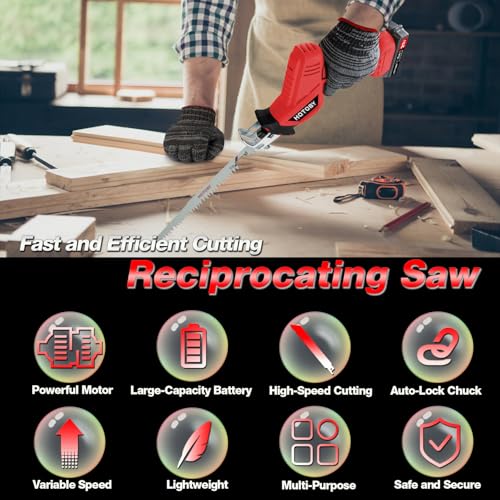 Image of Reciprocating Saw, Cordless, Electric Reciprocating Saw with 2 Batteries, Includeds 8 Blades Kit, Tool-free Blade Change, Variable Speed, Multi-Purpose, For DIY Wood Metal PVC Cutting (Red)