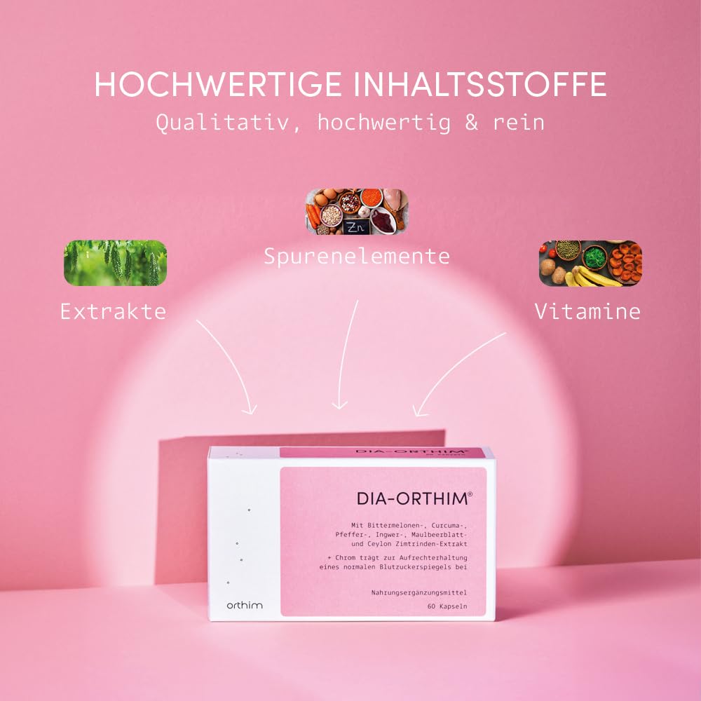 DIA-ORTHIM - 120 Kapseln - Aufrechterhaltung eines normalen Blutzuckerspiegels - Mit Bittermelone, Curcuma, Ingwer - Laborgeprüft, vegan, laktosefrei + in Deutschland produziert | Mit Bittermelone, Curcuma, Ingwer, Laborgeprüft, Vegan, Laktosefrei, In Deu
