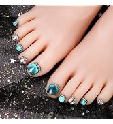 Diamond Press on Toenails Short Square Fake Toe Nails Glossy Green Cat Eye Glue on False Toe Nail...