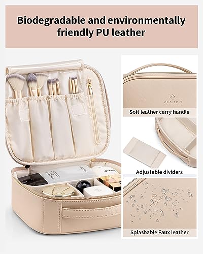 Vlando Travel Makeup Bag, Large Capacity Cosmetic Bag for Women PU Leather Makeup Case Organizer Portable Make up Bag with Dividers and Handle for Girls,Wedding,Makeup Brushes Milk Tea2