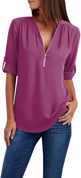 Zipper Henley Shirt for Women Cinch Elbow Sleeve Tops Chiffon Summer Casual Blouses Pleated T-Shirts for Work