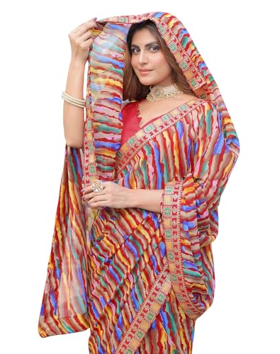 Image of Yashika women Women's Georgette Saree with Lace Border | Lightweight Laheriya Saree for Women with Unstitched Blouse Piece