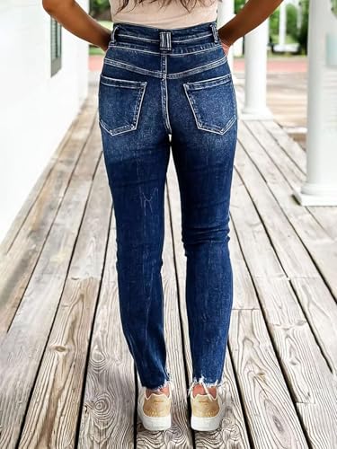 Flamingals Skinny Jeans for Women Mid Rise Casual Stretchy Raw Hem Double Button Washed Denim Jeans4