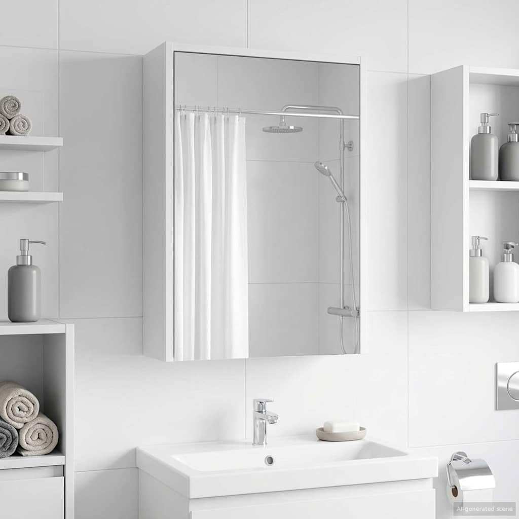 Armadietto da bagno a specchio bianco in legno 43 x 16 x 62,5 cm con porta, 2 ripiani regolabili, da appendere alla parete per lavabo, mobili da bagno, vano portaoggetti, cosmetici e